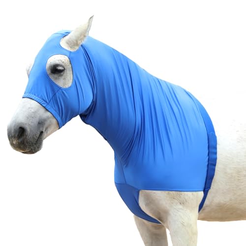 Image of Horse Slinky Hood with Zipper, Stretch Spandex Sleazy Hood for Mane Protection, Breathable Horse Neck Cover for Show Prep, Braids Saver, Sleek Grooming Under Blanket Use Blue Large
