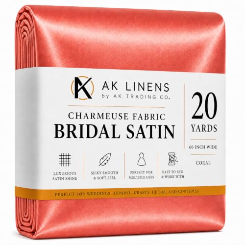 AK TRADING CO. 60" inches Wide-by The Yard-Charmeuse Bridal Satin Fabric for Wedding, Apparel, Crafts, Decor, Costumes (Coral, 20 Yards)