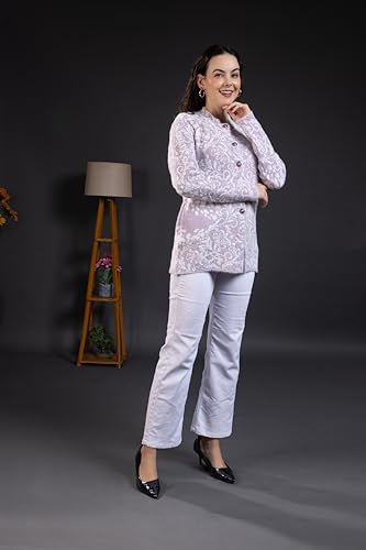 Image of Wear lusso Women Woolen Round Neck Self Design Cardigan | Heavy Hair Fabric Winter Wear | Pure Wool Long Cotty Fully Warm Cardigan Sweater