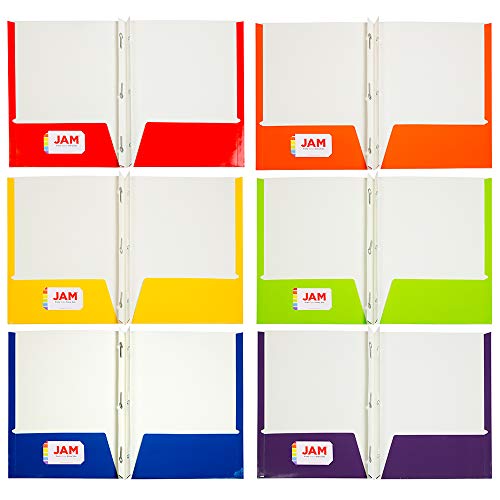 Jam Paper Laminated Two Pocket Glossy Folders With Metal Prongs Fastener Clasps - Assorted Primary Colors - 6/Pack #TOP2