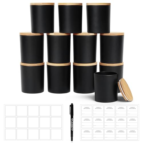 Winter Shore 270ml Barattoli per Candele [Pacco da 12] - Contenitori per Candele Vuoti Smerigliati Neri con Coperchi in Bambù, 15 Etichette Stampate e 15 in Bianco, Penna -Lavabili in Lavastoviglie