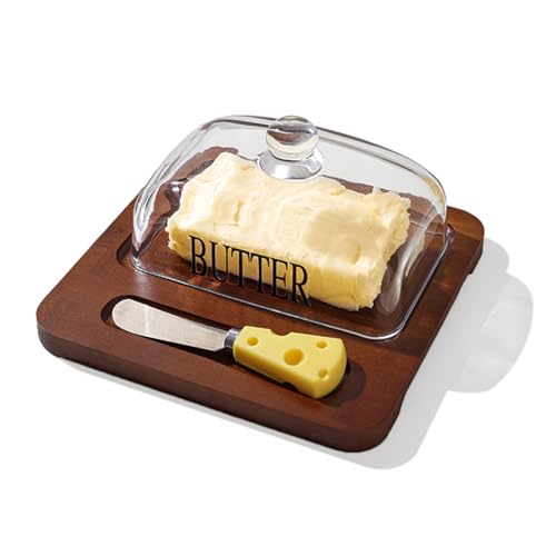 Butter Dish with Glass Lid and Knife, Cheese Tray Vintage Wooden Cute Serving Board for Countertop, Cheese, Butter, Cake, Dessert, Kitchen
