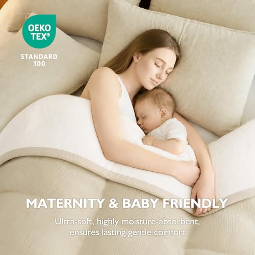 Image of EMME Cotton Muslin Duvet Cover Set King Size Linen Like Soft Breathable Lightweight Summer Comforter Cover Set with Zipper Closure (Light Tan&White, King, 104 inchx90 inch)