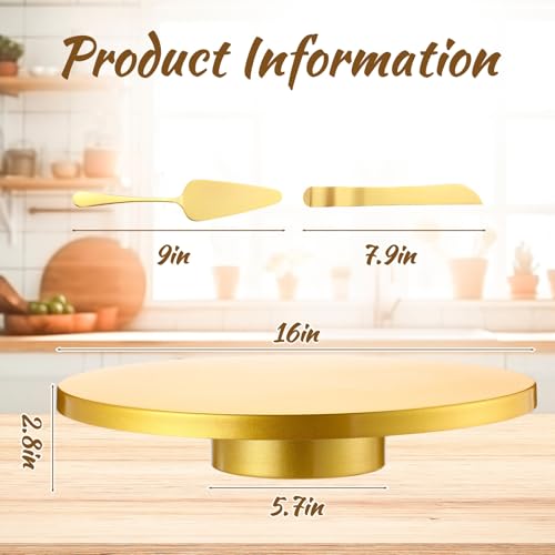 Wenqik 16 Inch Metal Gold Cake Stand with Cake Knife and Spatula, Round Dessert Table Display Stand Metal Dessert Tray Serving Platter for Party, Wedding, Birthday, Baby Shower, Anniversary by Wenqik - Used condition - Image 2