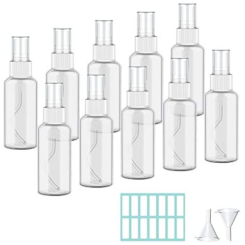 10 x 100ml Spray Bottles, Empty Clear Fine Mist Spray Bottles, Plastic Mini Travel Atomiser Bottle Set, Small Refillable Liquid Containers with 2pcs Funnels and 14pcs Labels for Cosmetic Makeup Cover
