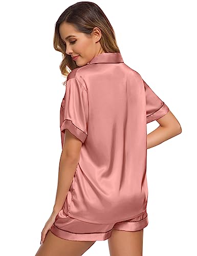 Image of SWOMOG Womens Silk Satin Pajamas Set Short Sleeve Sleepwear Button Down Top and Shorts Loungewear 2 Piece Pjs Set XS-3XL