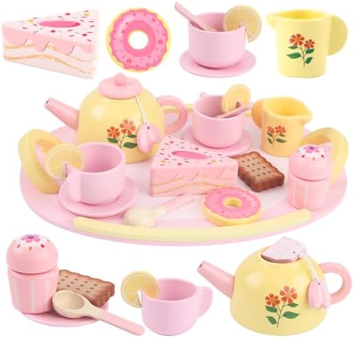 Tea Party Set Wooden Tea Sets for Toddlers 3-5 Play Food Pretend Play Toys Kids Tea Set for Girls 6-8 Birthday Gift Wooden Tea Party Set for Little Girls 3 4 5 6 Years Old Outdoor Tea Time Game
