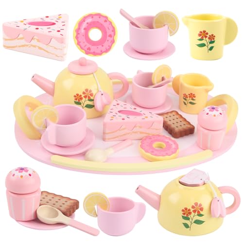 Tea Party Set Wooden Tea Sets for Toddlers 3-5 Little Girls 4-6 6-8 Kids