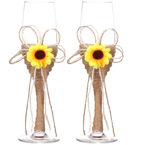 JEWEDECO Copas de Champán Juego de 2 Piezas Creativas Forma de Girasol y Cuerda de Cáñamo en Diseño Rústico y Delicado para Fiestas y Bodas