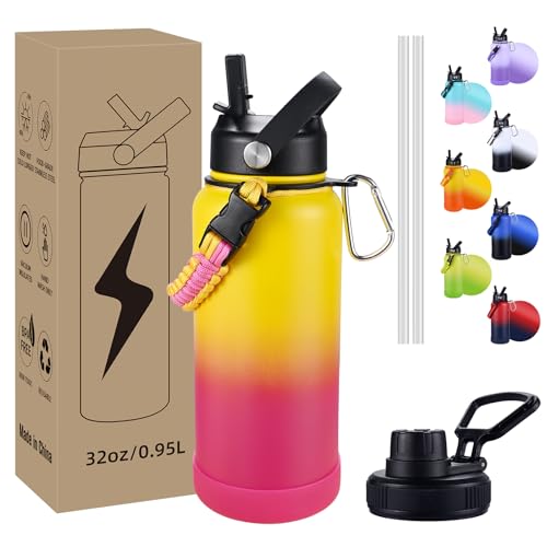 Image of Insulated Water Bottle, 32 oz Stainless Steel Wide Mouth Water Bottles with 2 Leak Proof Lid and Paracord Handle, Double Wall Vacuum Insulated Sports Water Bottle, Yellow Pink