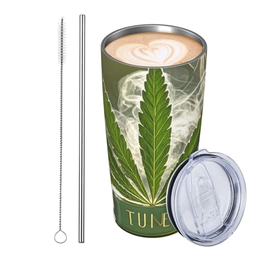 GJHKSSVB Weed Marihuana Trinkbecher, Edelstahl, isoliert, auslaufsicher, Reise-Kaffeetasse mit Deckel und Strohhalm, Wasserflasche, Trinkbecher, Geschenke für Frauen, Männer, Liebhaber, 590 ml