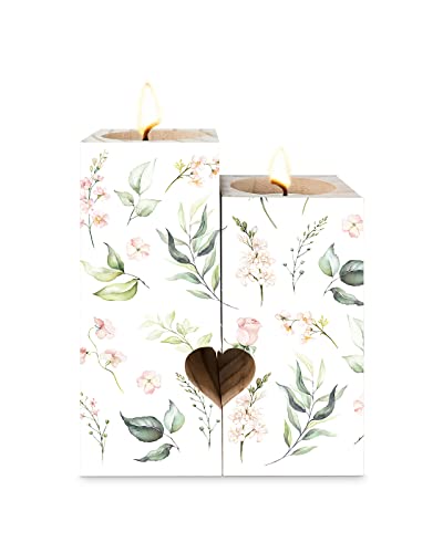 Flower Plant Candle Holders Set, Wooden Tealight Candle Holder Gifts For Women, Spring Green Leaves Botanical Pink Floral Rustic Candlesticks Holder Decor For Wedding Dinning Party #TOP27