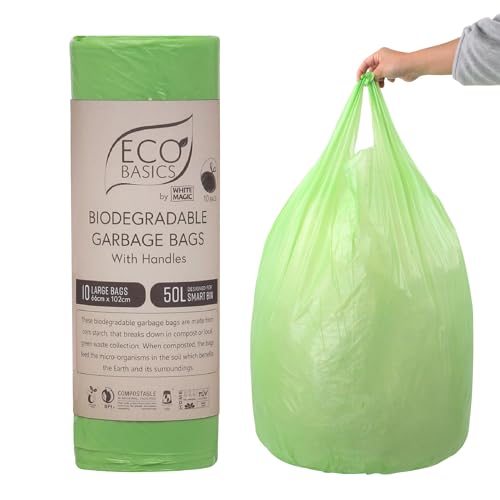 Eco Basics Biodegradable Garbage Bags with Handles – Large, 20 Bin Bags, 50L, 83 x 64cm, Strong waste bags Compostable Corn Starch Bin Liners