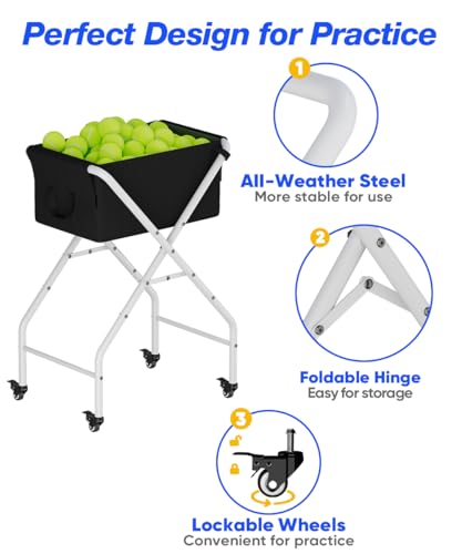Ardier Tennis Ball Hopper Cart Holds 175 Tennis Balls or 140 Pickleballs, Portable Pickleball Collector Caddy with Wheels,Foldable Baseball Basket Holder for Court Training & Coaching, White