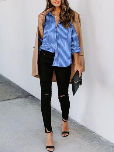 Image of siliteelon Striped Button Down Shirts Women Cotton Long Sleeve Work Blouses