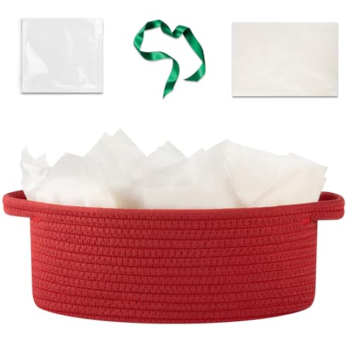 Image of OIAHOMY Gift Basket with Handle, Small Woven Basket with Gift Bag, Ribbon and Wrap Tissue Paper, Nursery Bins Empty to Fill with Small Items, Baby, Pet Toy Organizer - Red