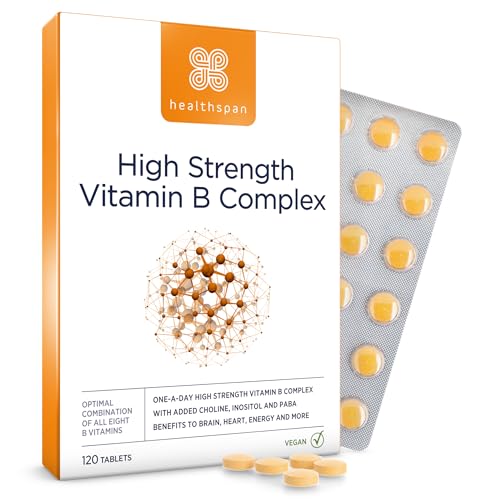Healthspan High Strength Vitamin B Complex (120 Tablets) | High Levels of All 8 B-Complex Vitamins | Supports Brain & Heart Health | Immune Health | Reduces Tiredness & Fatigue | with Choline | Vegan