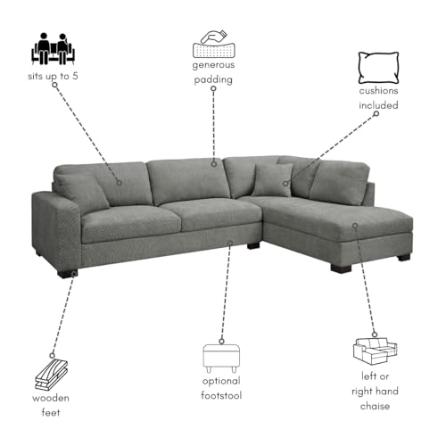 Home Detail Large Corner Sofa, Left or Right Hand Corner Sofa, Couch in Upholstered Teddy Jumbo Cord or Chenille Fabric, L Shaped Sofas with Optional Footstool (Grey Chenille, Right Hand Facing) - Image 5