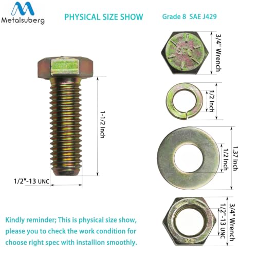 Image of 1 /2 inch x 1-1 /2 inch Grade 8 Hex Head Bolt and nut,Spring Lock Washer and Large Flat Washer Assortment Kit, Color Gavalization,Alloy Steel,Heavy Duty,(10sets Pack),by Metalsuberg.