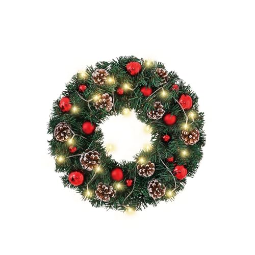 Guirlanda de Natal Decorativa, 30 cm, 20 LEDs Brancos Quentes, com Pinhas e Bolas Vermelhas, 3 Metros de Fio (Vermelho)