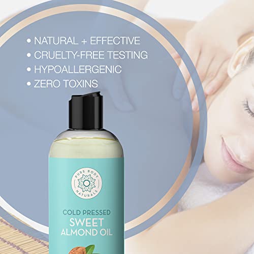 Pure Body Naturals Sweet Almond Oil For Hair And Skin, 100% Pure And Cold Pressed, Hexane Free, Skin Moisturizer, Nails, Therapeutic Massage, Carrier Oil 16 Fl. Ounce (Label Varies) #TOP2