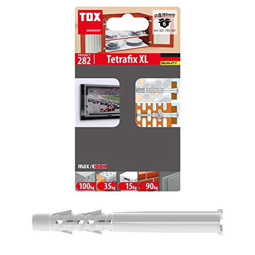 TOX Allzweck-Rahmendübel Tetrafix XL 8 x 80 mm, Allzweckdübel für nahezu alle Baustoffe, verlängerter Schaft für spezielle Rahmendübel-Anwendungen, 6 Stück im Blister, 021700101