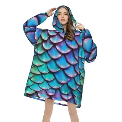 Couverture à capuche avec imprimé écailles bleues, idée cadeau cocooning originale - 4
