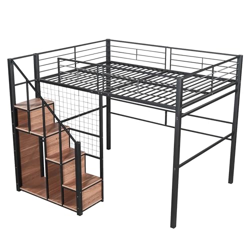 Hochbett 140x200 cm, Kinderbett mit Sicherheitsleiter, Metallbett mit Eisenrahmen und Ablagefläche, Jugendbett Einzelbett mit Lattenrost, Bett für Kinder Jugendliche (Ohne Matratze) Schwarz – Bild 6