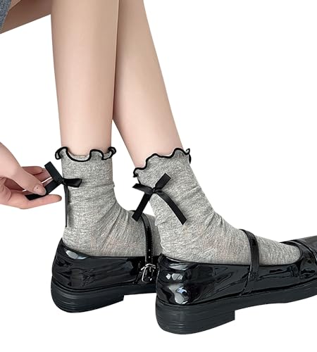 Image of Womens Bow Socks Ruffle Casual Crew Black Whitte Soft Breathable Cotton 4 Pairs Socks