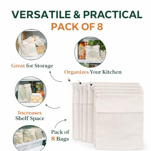 Image of Pack of 8 Vegetable Mesh Storage Bags for Refrigerator | Reusable Cotton Produce Bags with Drawstring | Eco-Friendly Fridge Organizer for Fruits & Vegetables (Pack of 8)