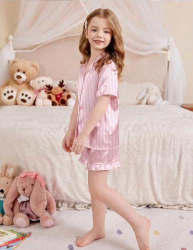 Image of Arshiner Girls Pajamas Silk Satin Pajama Set Button Pjs Ruffle Sleepwear | 2 Piece Nightwear, Silky Soft Lounge for Little & Big Kids, Ideal for Sleeping and Sleepover Party