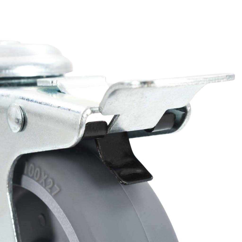 Lenkrollen mit Bolzenloch 4 Stück 100 mm grau robust für Transportwagen, Hubwagen, Sackkarren, Förderbänder, Plattformwagen, belastbar bis 60 kg, geräuscharm, rostfrei, mit Doppelbremsen