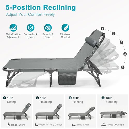 image for ABORON 2PK Heavy Duty Tanning Chair, 5-Gear Outdoor Folding Chaise Lou