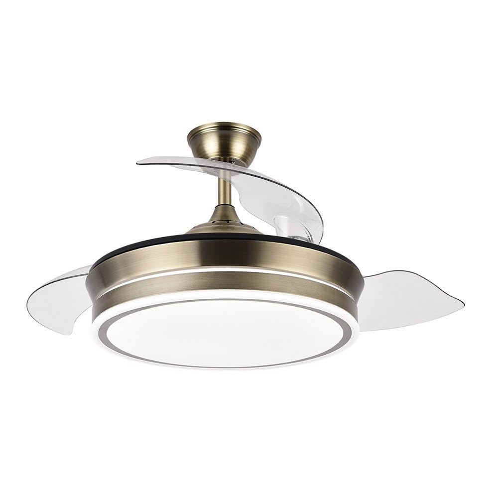 FABRILAMP AKUNADECOR - Ventilador de Techo Dorado Modelo BAYOMO S con Motor DC y 4 Aspas Retráctiles | Luz LED 59W | 3 Tonalidades | 6 Velocidades | Control Remoto | Función Invierno/Verano