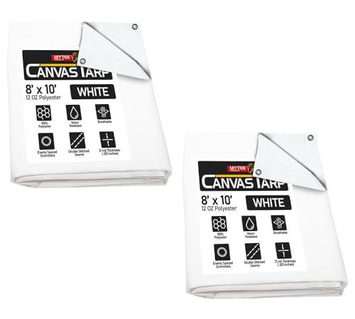 Mytee Products 2 Pack 8' x 10' White Canvas Tarp 12oz - Water Resistant & Breathable - Heavy Duty Tarps - Multipurpose Tarpaulin Cover for Camping Tent