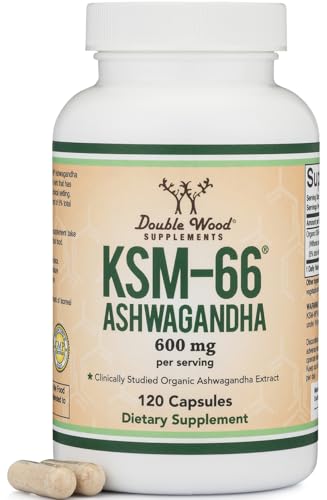 Double Wood Supplements Ashwagandha KSM 66 Organic and Clinically Studied Extract (600mg Per Serving, 120 Capsules, 60 Servings) Adaptogen Cortisol Manager for Women and Men