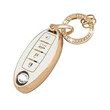 UHONSN for Nissan Key Fob Cover 4 Button Remote Start Soft TPU Keys Protector Chain Cute Car Accessories Smart Keyless Case Girly White Gold