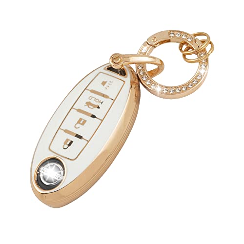 Uhonsn For Nissan Key Fob Cover 4 Button Remote Start Soft Tpu Keys Protector Chain Cute Car Accessories Smart Keyless Case Girly White Gold #TOP5