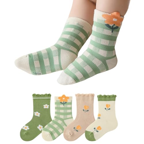 4 Pairs Toddler Baby Girl Boy Kids Socks, Green Cute Flower Soft Cotton Crew Socks, 0~5T