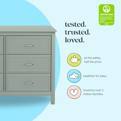 Image of Davinci Charlie 6-Drawer Baby Dresser, GREENGUARD Certified - Light Sage | Wooden Double Chest of Drawers for Kids - Boys /Girls - Multi-Purpose Storage White Dresser for Bedroom, Nursery, Living Room