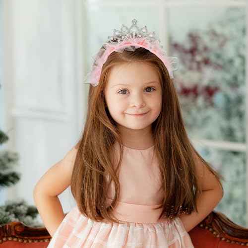 AOZUO Krone Geburtstag Mädchen, Diadem Prinzessinnen Tiara Kronen Stirnbänder Süße Tüll Schleifen Haarbänder Kristallkönigin Diademe für Geburtstag Weihnachten Kostüm Braut Hochzeit Halloween