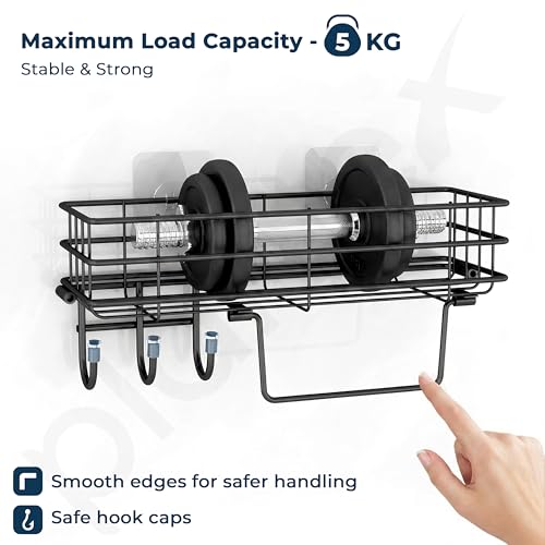 Image of Plantex Self Adhesive Bathroom Shelf /GI Steel Bathroom Shelf with Hook and Napkin Holder /Bathroom Organizer Without Drill /Bathroom Accessories- Pack of 3 (Black)