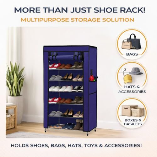 Image of Metal Shoe Stand with Cover, 6 Tier Shoe Organizer for Home & Office - Blue