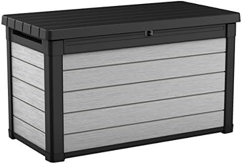 Keter Denali 100 Gallon Resin Large Deck Box-Organization and Storage for Patio Furniture, Outdoor Cushions, Garden Tools and Pool Toys, Grey & Black
