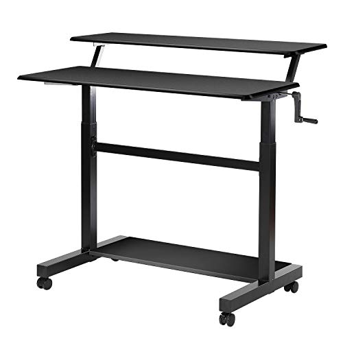 UNICOO  Crank Adjustable Height Standing Desk, 2 Tier Adjustable Sit to Stand up Desk, Mobile Standing Desk, Rolling Desk  (Black Frame/Black Top) 2T-Crank