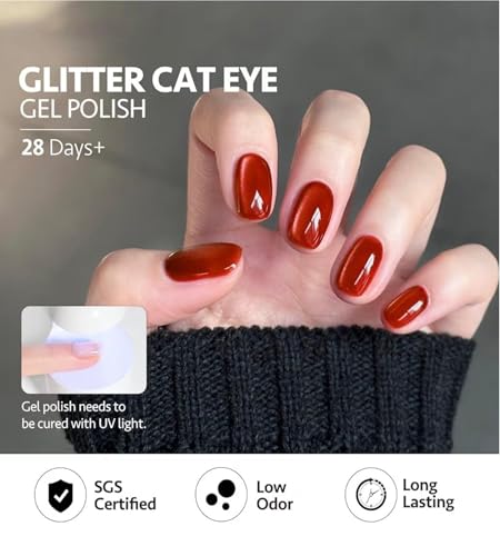 Image of Red Cat Eye Gel Nail Polish 7.5ml- Magnetic Shimmer Effect | Long-Lasting UV /LED Soak Off Gel | Mirror Shine Cat Eye Nail Art Gel for Salon (Red)