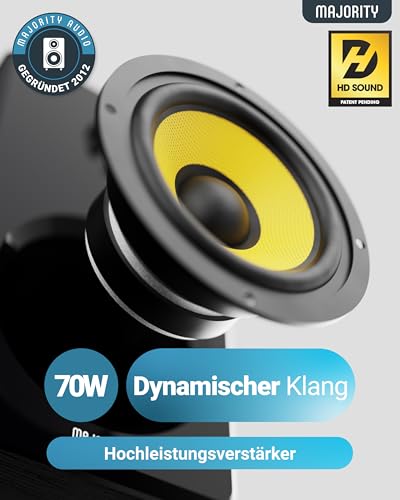 MAJORITY D40X Aktiv Regallautsprecher | 70W 2.0 Gelber Kevlar-Kegel Monitor Lautsprecher | Studio Monitor mit Bluetooth | Bookshelf HiFi Speakers mit Optische, RCA, USB AUX & Inklusive Fernbedienung – Bild 3