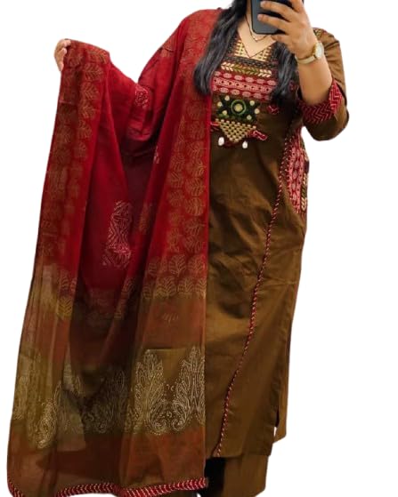 krisjan Women's Cotton Trending Straight Printed Kurta with Pants and Dupatta Set | Ethnic Set (Dark Brown)-picture-45