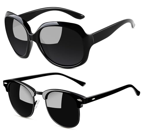 Joopin Oversized Jackie & Semi Rimless Sunglasses Bundle, Black Fashion Sun Glasses Polarized UV400 Protection Classic Shades for Sensitive Eyes