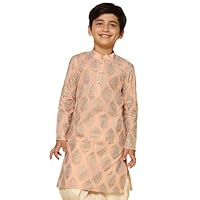 KISAH Boy's Pink Printed Cotton Full Sleeves Knee Length Kurta | Regular Fit Traditional Indian Festive Wear